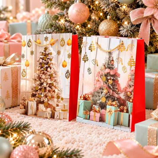 Bolsas de Regalo Navideñas Lluvia Tonos Cálidos 12 Pzas 32cm