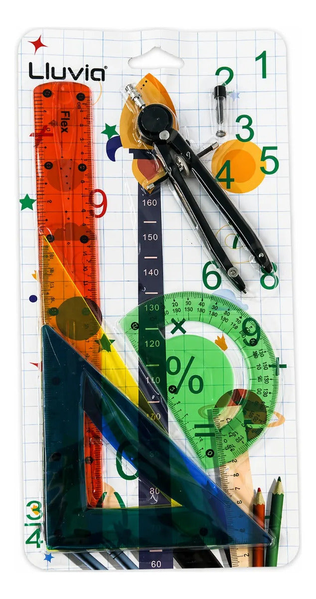 Juego De Geometría Escolar Lluvia Flex 5 Piezas Con Compás