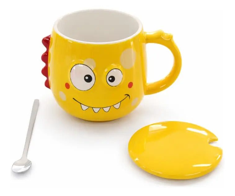 Taza Colorida Kawaii Monstruos Con Tapa Incluida 400 Ml