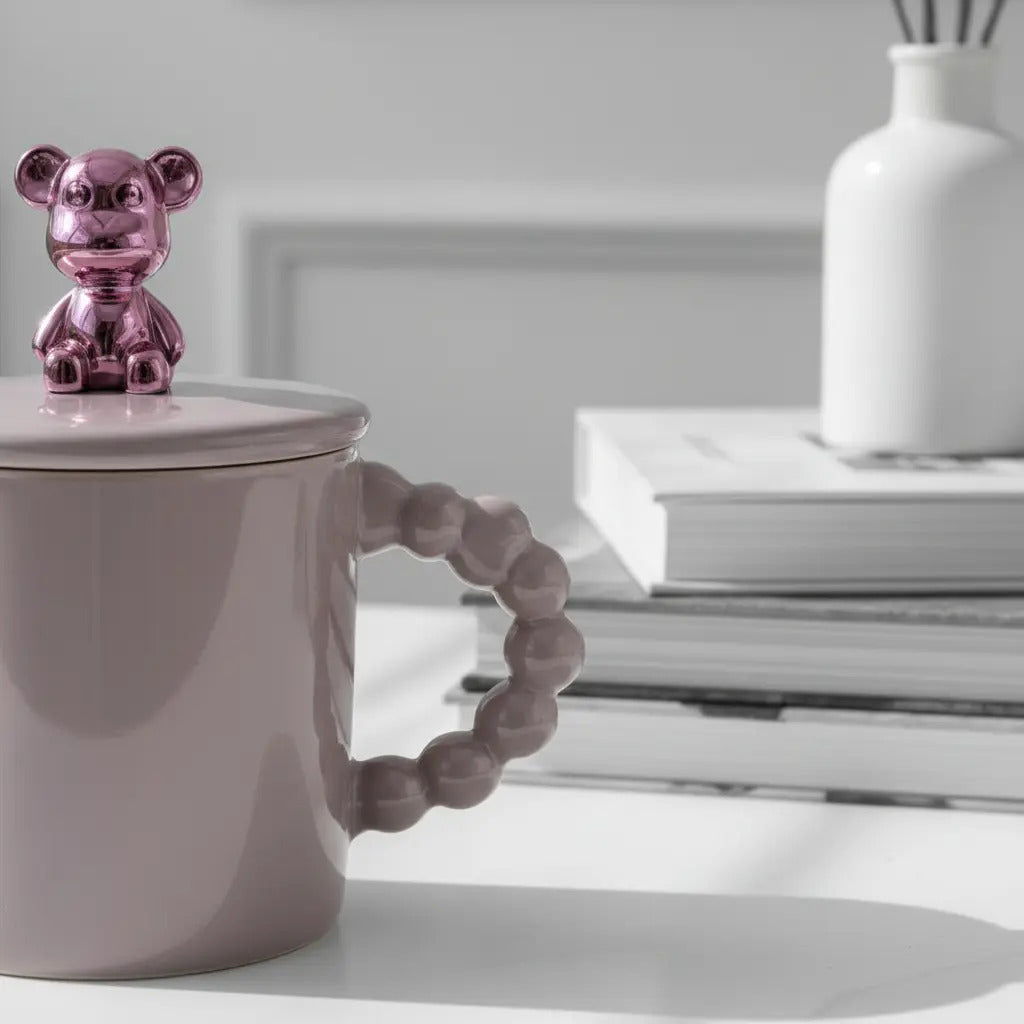 Taza Porcelana Con Oso Metalico Y Tapa 420 Ml