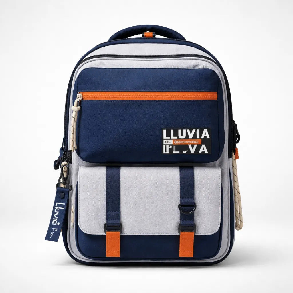 Mochila Juvenil Lluvia Azul Gris Con Detalles Naranja