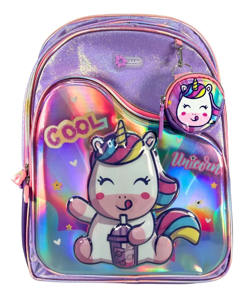 Mochila Primaria Set 3 Piezas Marca Lluvia Unicornio Espejo