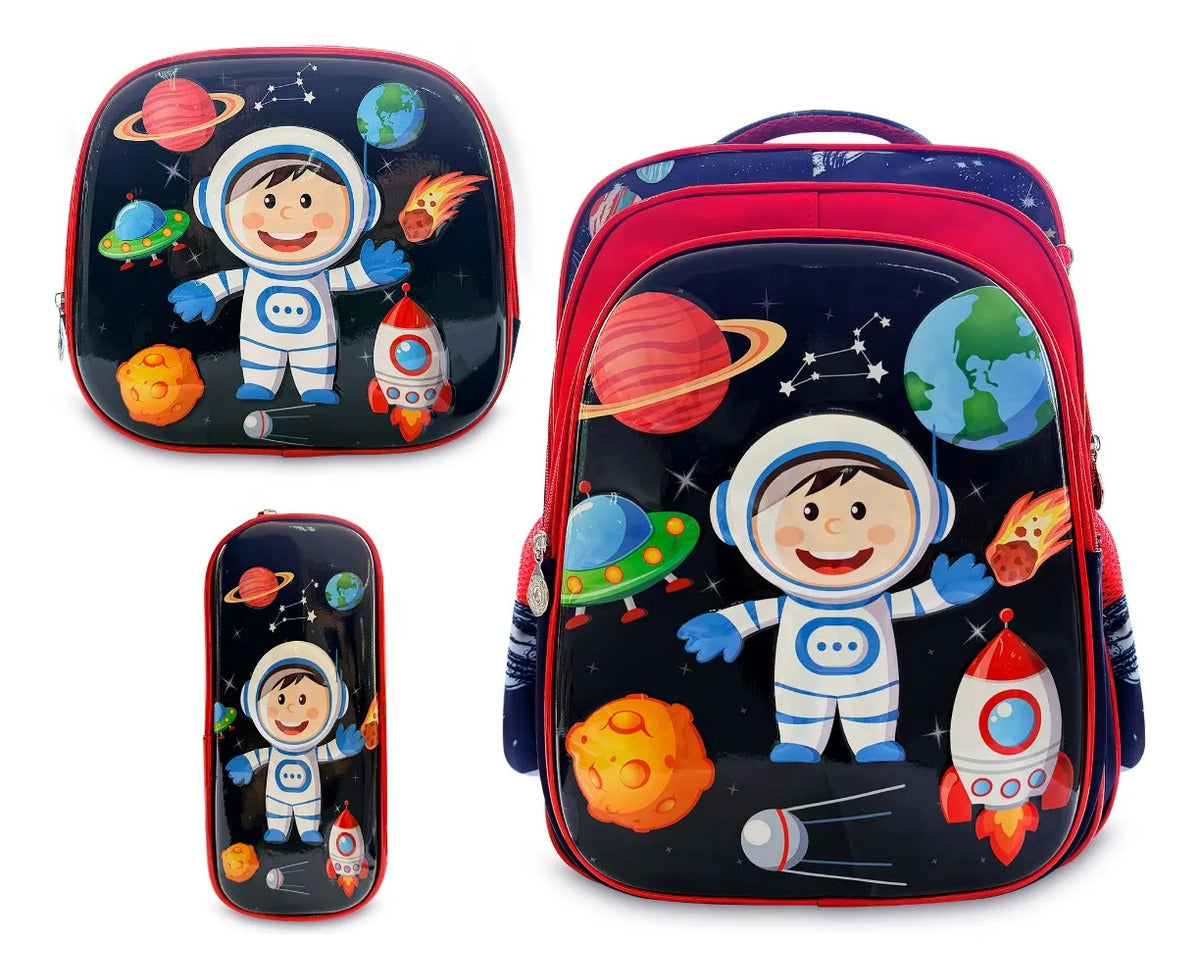 Set Escolar Lluvia Azul Marino Astronauta Tres Piezas