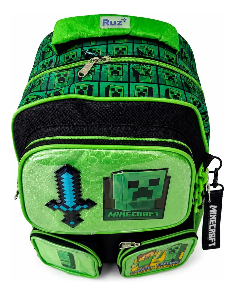 Mochila Primaria Minecraft Creeper Ruz Con 4 Compartimientos