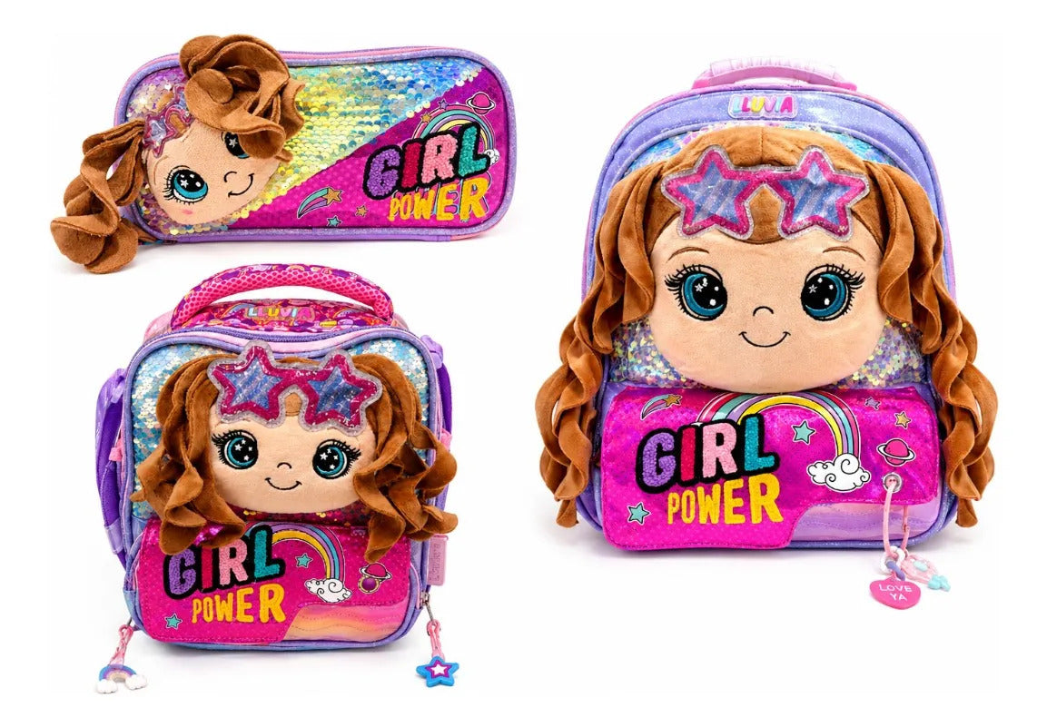 Set Escolar Lluvia Tres Piezas Con Muñeca 3d Y Lentejuela