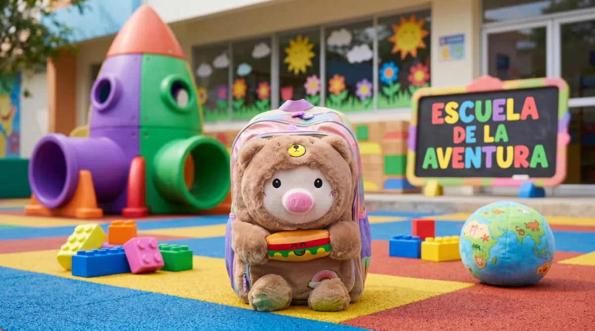 Mochila Escolar Lluvia Lila Puerquito Disfrazado De Osito