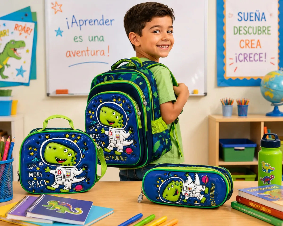 Set Tres Piezas Escolar Dinosaurio Mochila Lonchera Lapicera