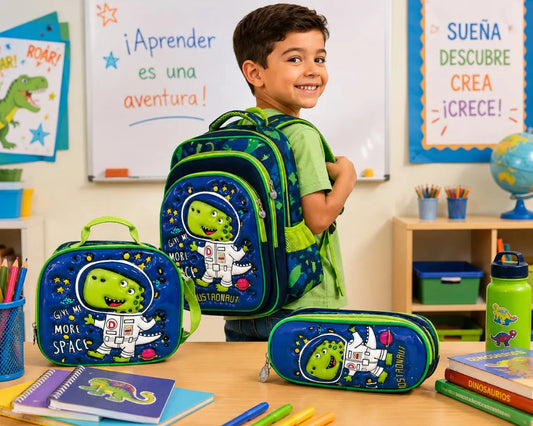 Set Tres Piezas Escolar Dinosaurio Mochila Lonchera Lapicera