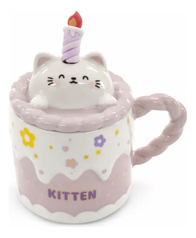 Taza Kitten Y Bunny De Cerámica Con Tapa Y Aguitador 400 Ml