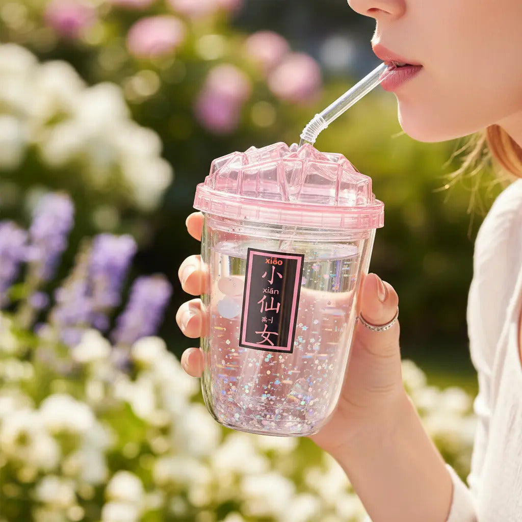 Vaso 450 Ml Con Glitter Suelto Tapa Hielo Diseño Creativo