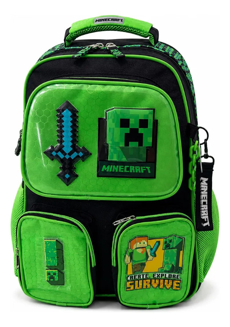 Mochila Primaria Minecraft Creeper Ruz Con 4 Compartimientos