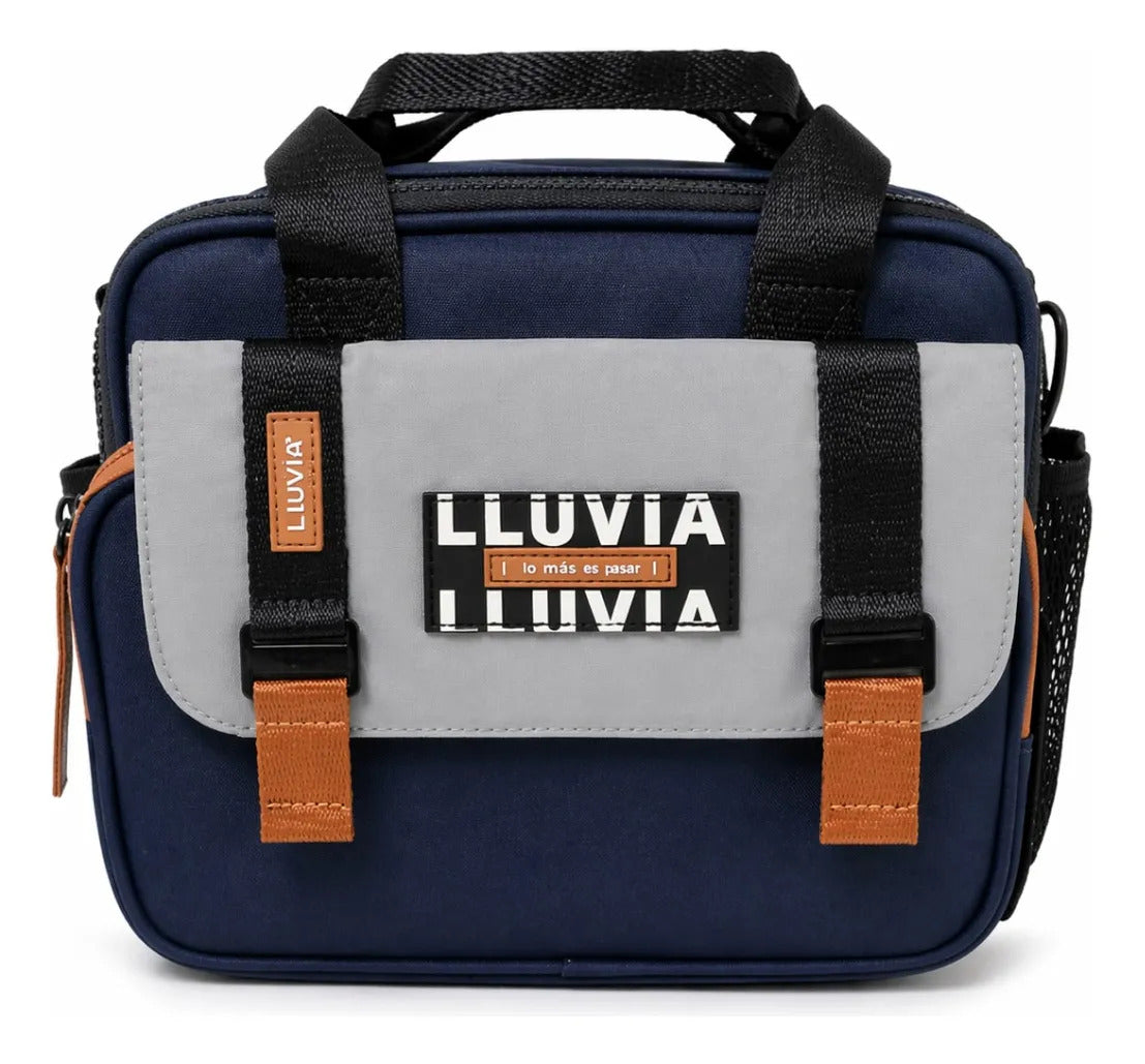 Set Mochila Juvenil Lluvia Azul Marino Y Naranja Tres Piezas