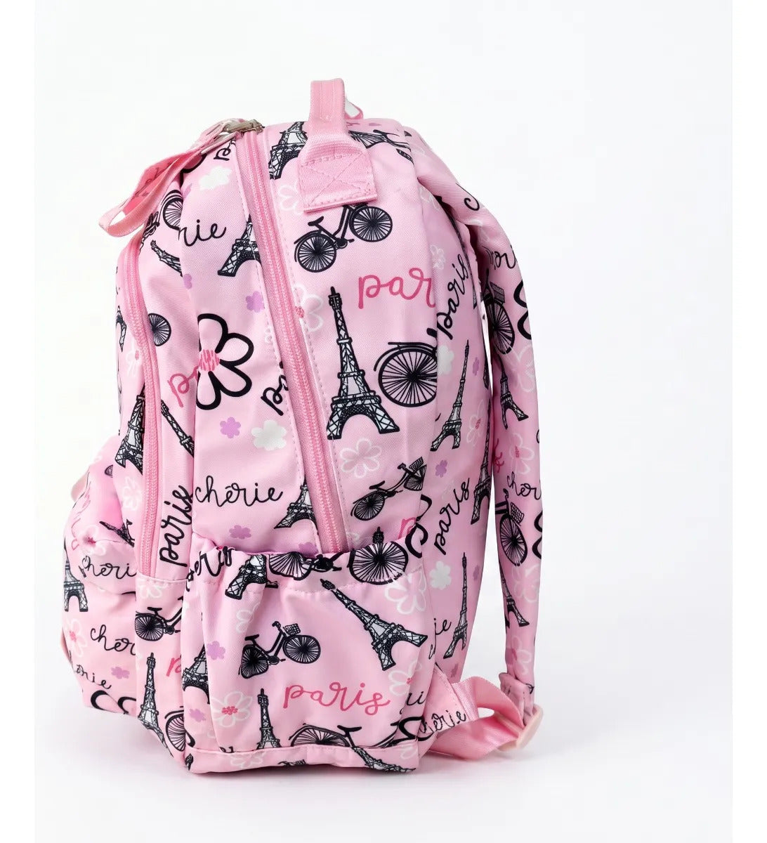 Mochila Escolar Lluvia Rosa Diseño Torre Eiffel Y Bicicletas
