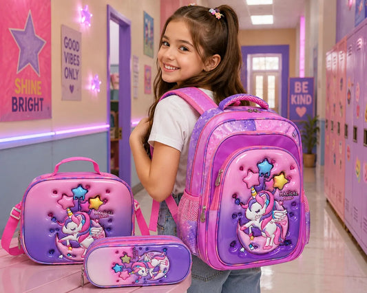 Set Escolar Unicornio Mágico Rosa Lila Mochila Tres Piezas