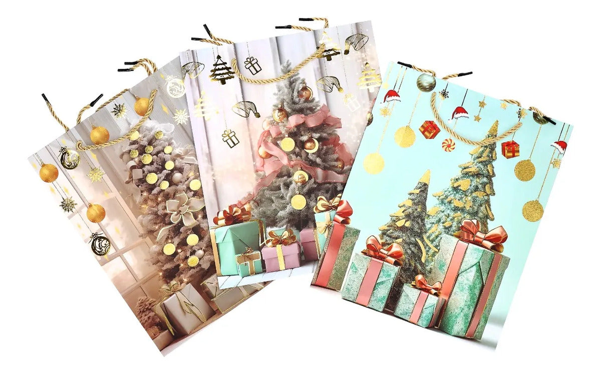 Bolsas de Regalo Navideñas Lluvia Tonos Cálidos 12 Pzas 32cm