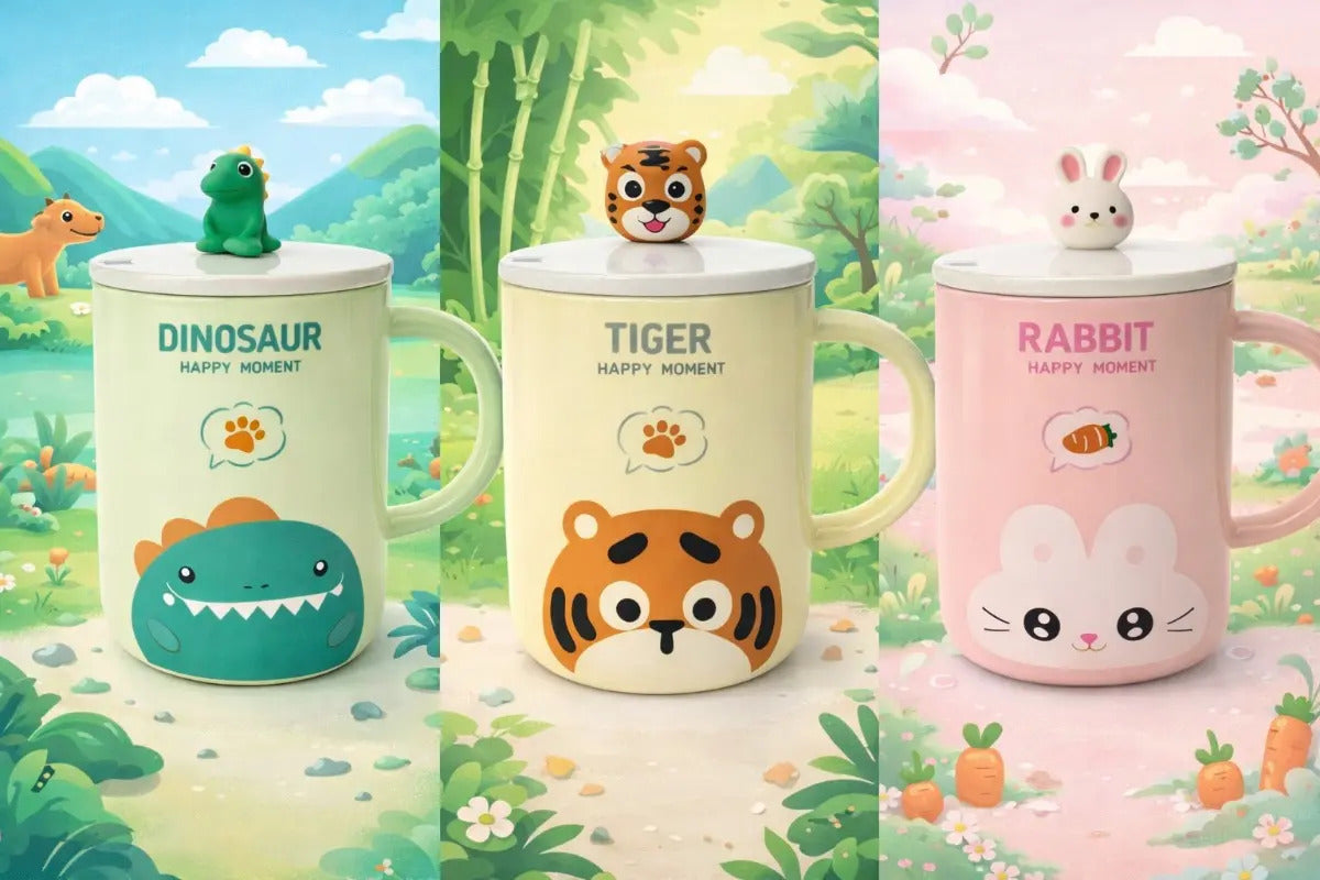 Taza Con Tapa Decorativa De Animales 380ml Marca Lluvia