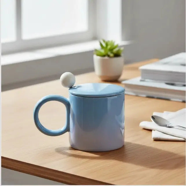 Taza Tornasol De Cerámica Con Tapa Y Cuchara Metalica 380 Ml