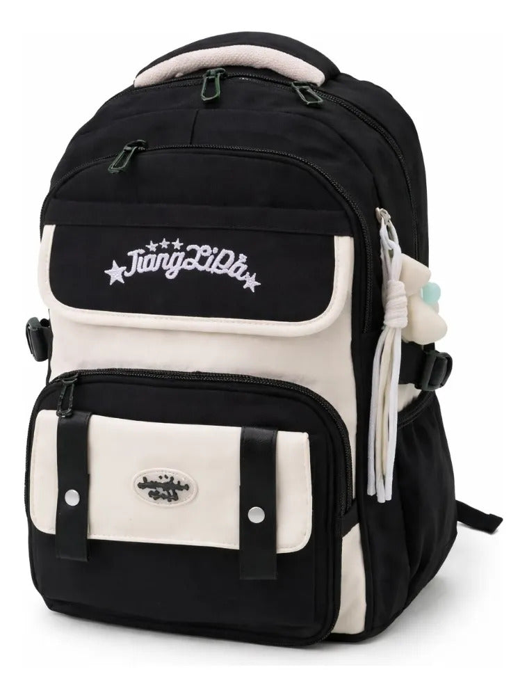 Mochila Juvenil Lluvia Negro Con Detalles Beige Antirrobo