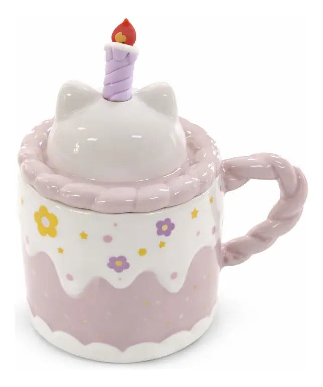 Taza Kitten Y Bunny De Cerámica Con Tapa Y Aguitador 400 Ml