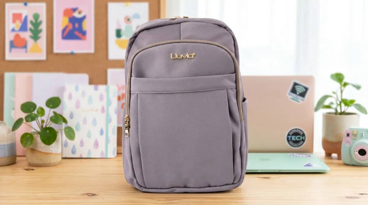 Mochila Juvenil Ejecutiva Lluvia Lila Satinado Con Dorado