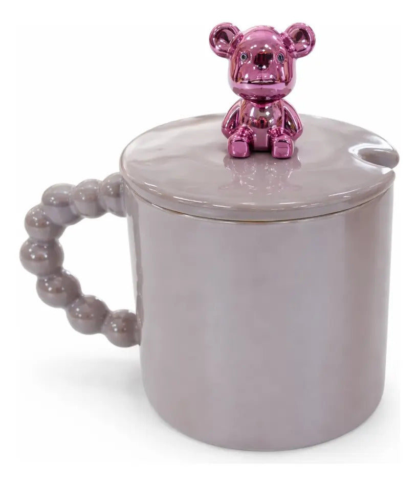 Taza Porcelana Con Oso Metalico Y Tapa 420 Ml