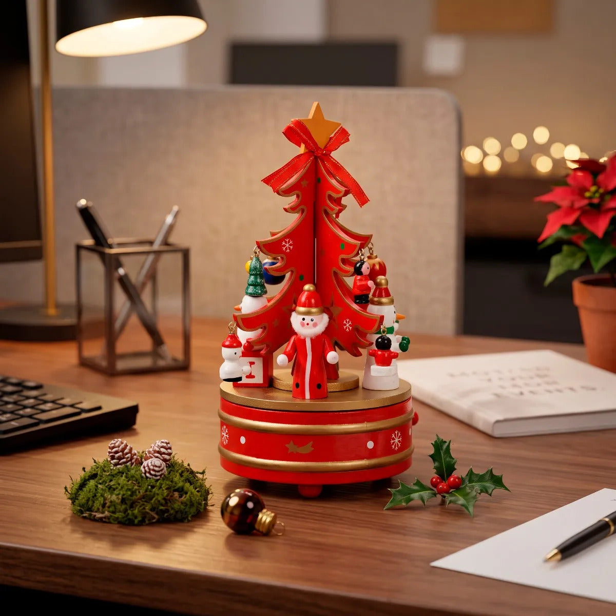 Carrusel Navideño Musical De Madera Rojo Con Árbol 22 cm