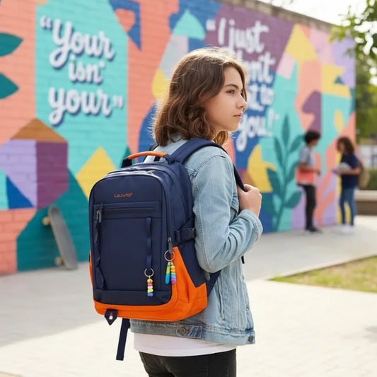 Mochila Juvenil Lluvia Azul Marino Y Naranja Moderna
