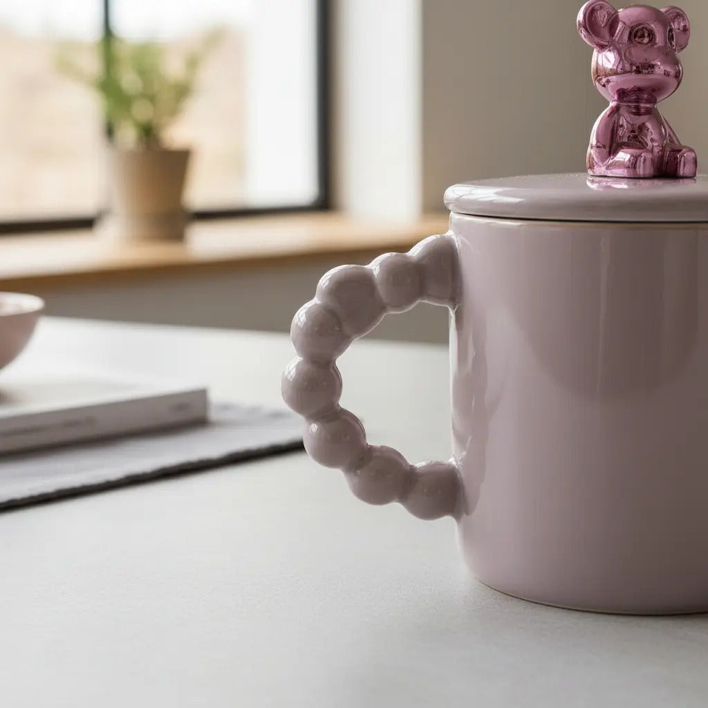 Taza Porcelana Con Oso Metalico Y Tapa 420 Ml