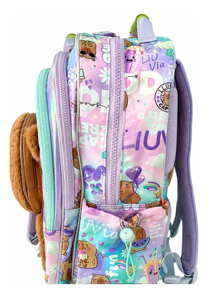Mochila Escolar Lluvia Capibara Lila Con Bolsillos Laterales