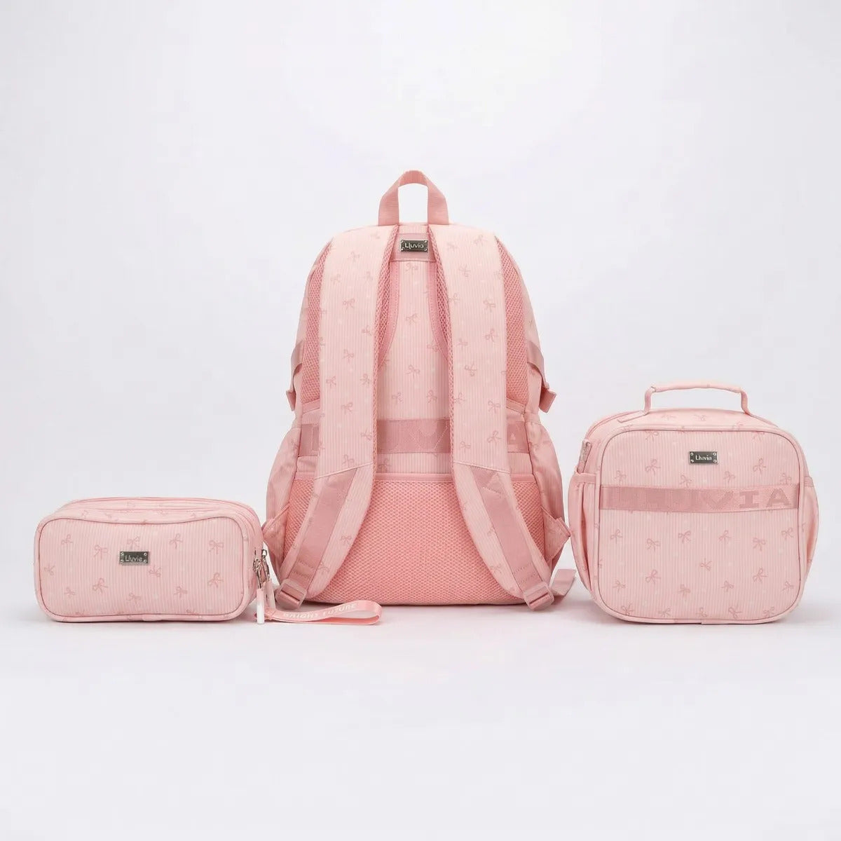 Set Escolar 3 Piezas Rosa Diseño Moños Mochila Comple