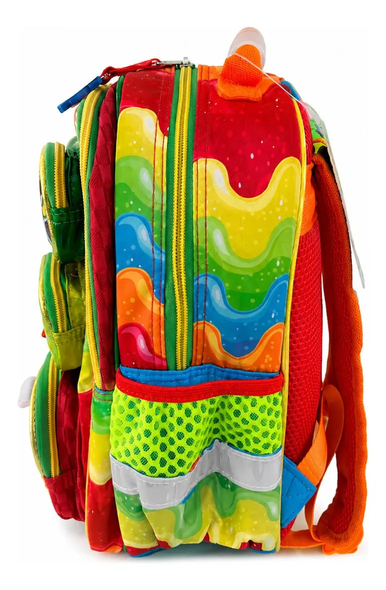 Mochila Escolar Kinder Lluvia Color Rojo Con Monstruitos 3d