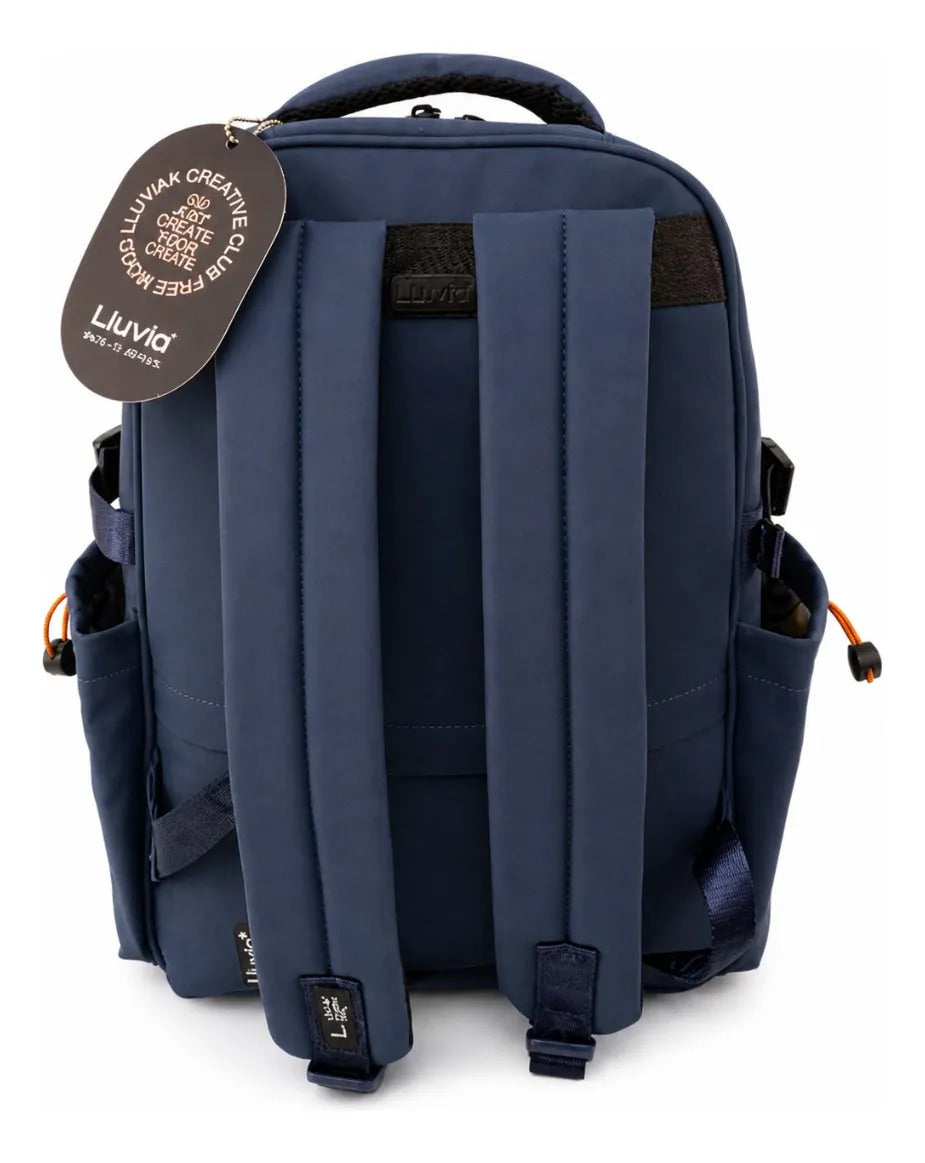 Mochila Juvenil Lluvia Azul Gris Con Detalles Naranja