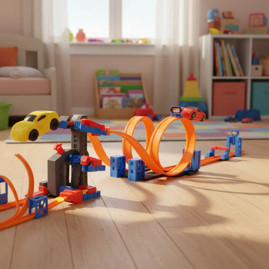 Pista Candy Toys Con Elevador Doble 2 Autos Y 57 Piezas