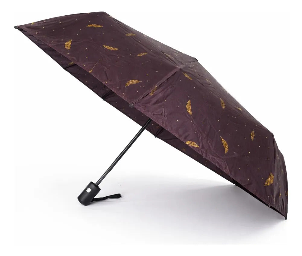 Paraguas De Bolsillo Automático Estampado De Plumas Doradas