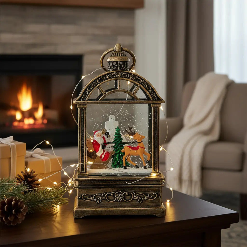 Lampara Forma Farol Navideño Con Santa Y Reno 19x10x12 Cm
