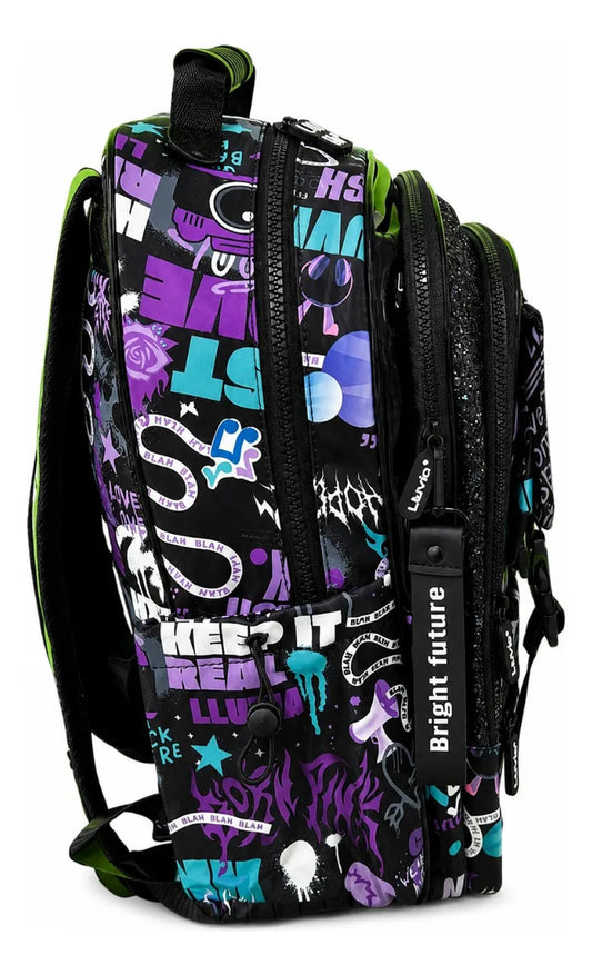 Mochila Escolar Lluvia Galaxy Con Parches Intercambiables