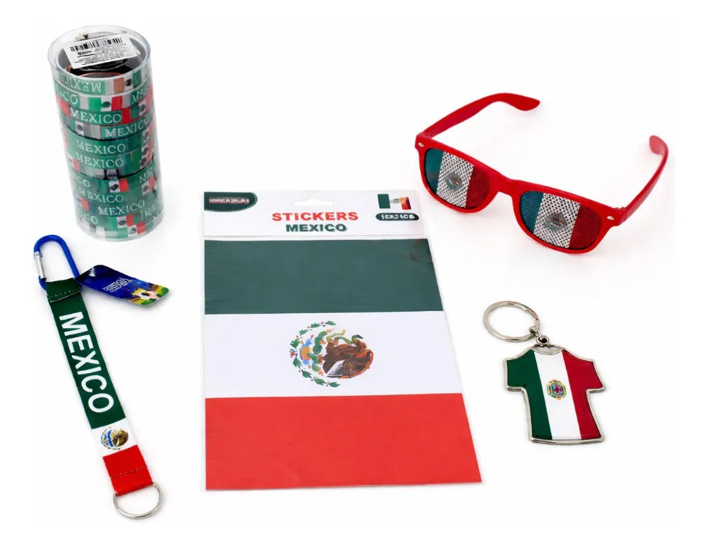 Kit Selección México Pulseras Lentes Rojos Llavero Y Sticker