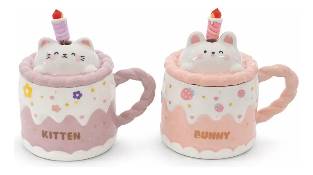 Taza Kitten Y Bunny De Cerámica Con Tapa Y Aguitador 400 Ml