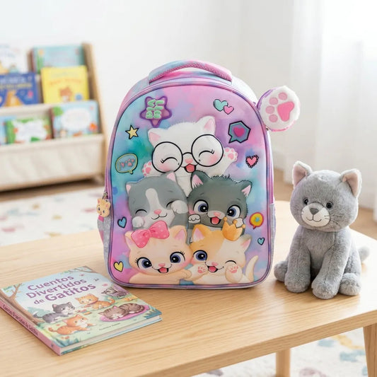 Mochila Escolar Lluvia Multicolor Gatitos con Spinner
