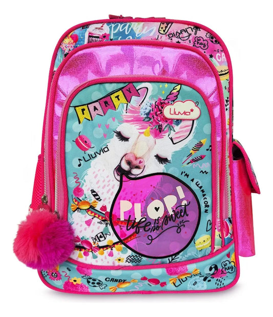 Mochila Escolar Lluvia Rosa Fucsia Llama Turquesa Brillante