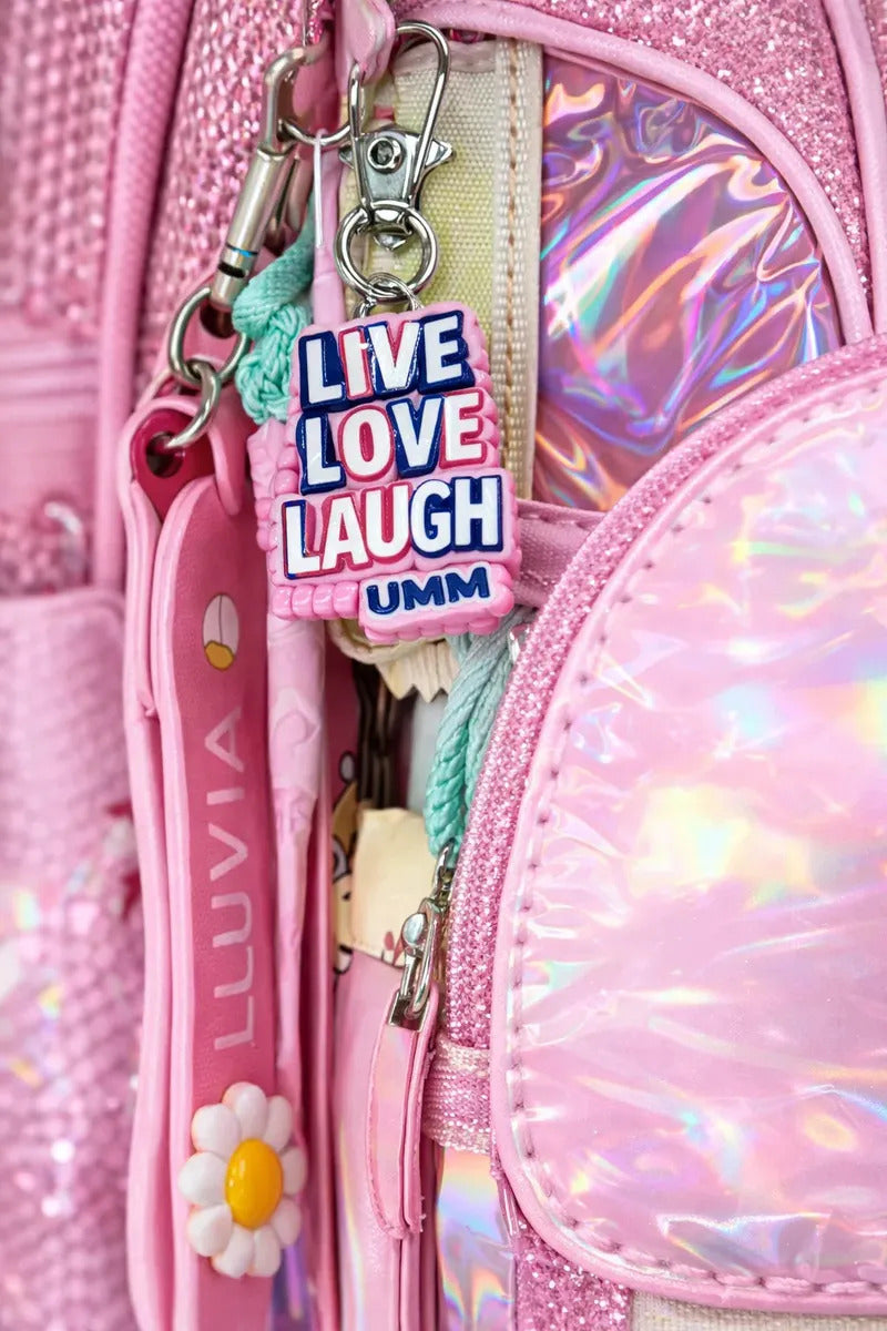 Mochila Escolar Lluvia Rosa Tornasol Con Compartimento Y Bolsillo Botella Liso