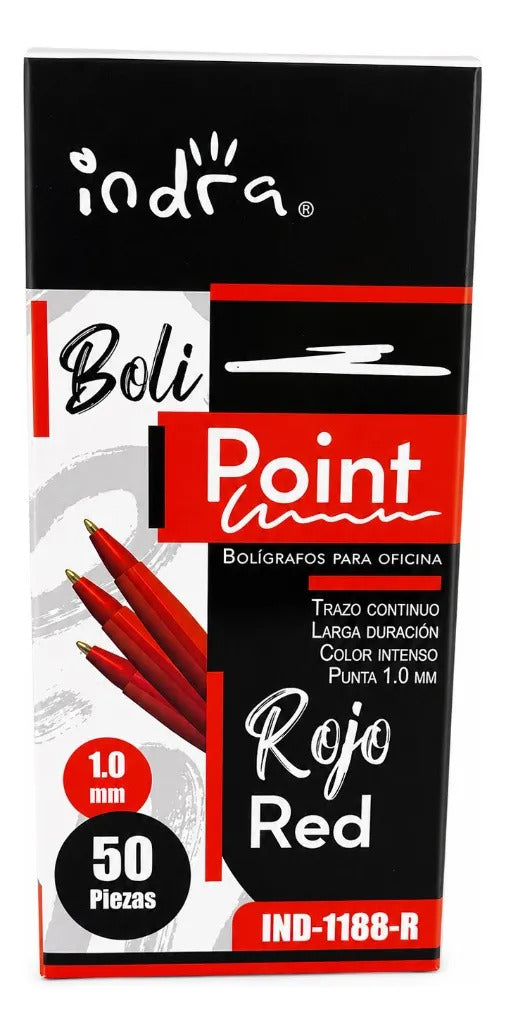 Plumas Indra Escolar Tinta Roja Punto Medio 1.0 Mm 50 Piezas