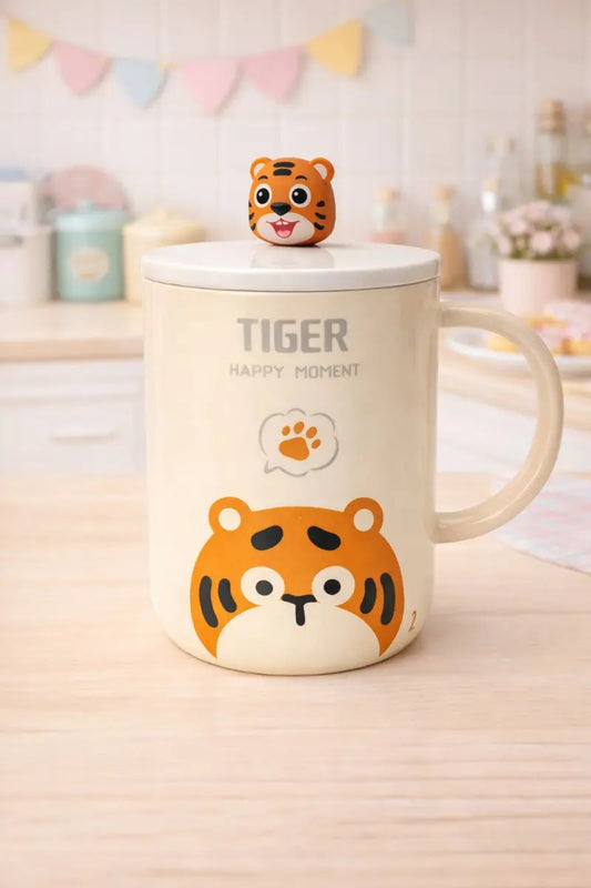 Taza Con Tapa Decorativa De Animales 380ml Marca Lluvia