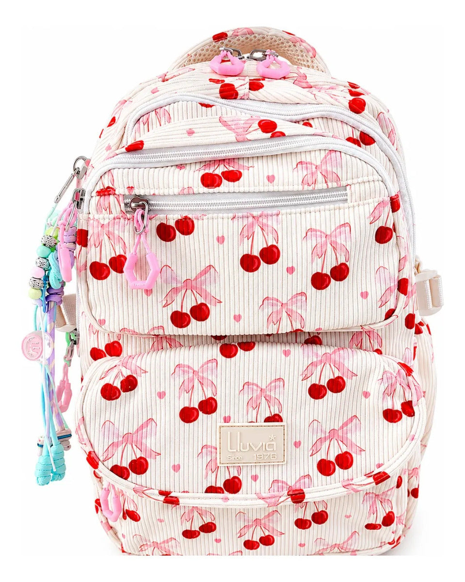 Mochila Juvenil Lluvia Grande Diseño Cherry Con Llavero