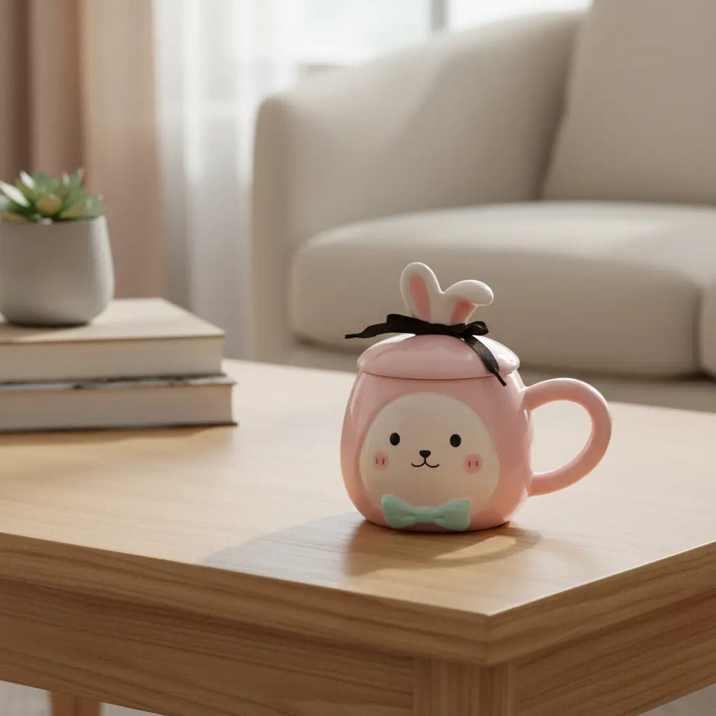 Taza Decorativa Conejo Pastel Con Orejas Y Moño 380 Ml
