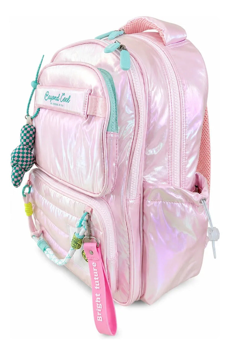 Mochila Escolar Lluvia Rosa Tornasol Con Llavero Incluido