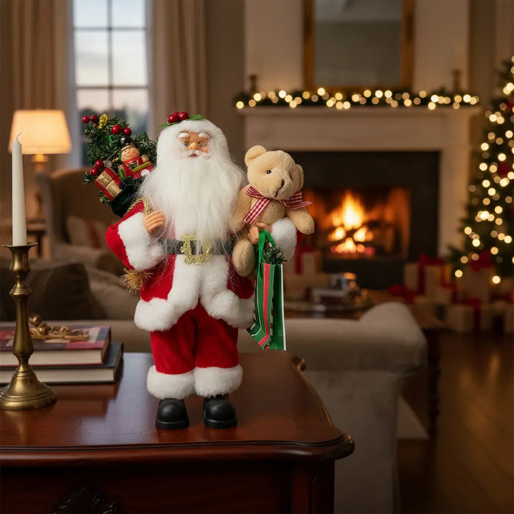 Santa Tradicional De Pie Con Oso De Peluche Y Pino 60x30x20