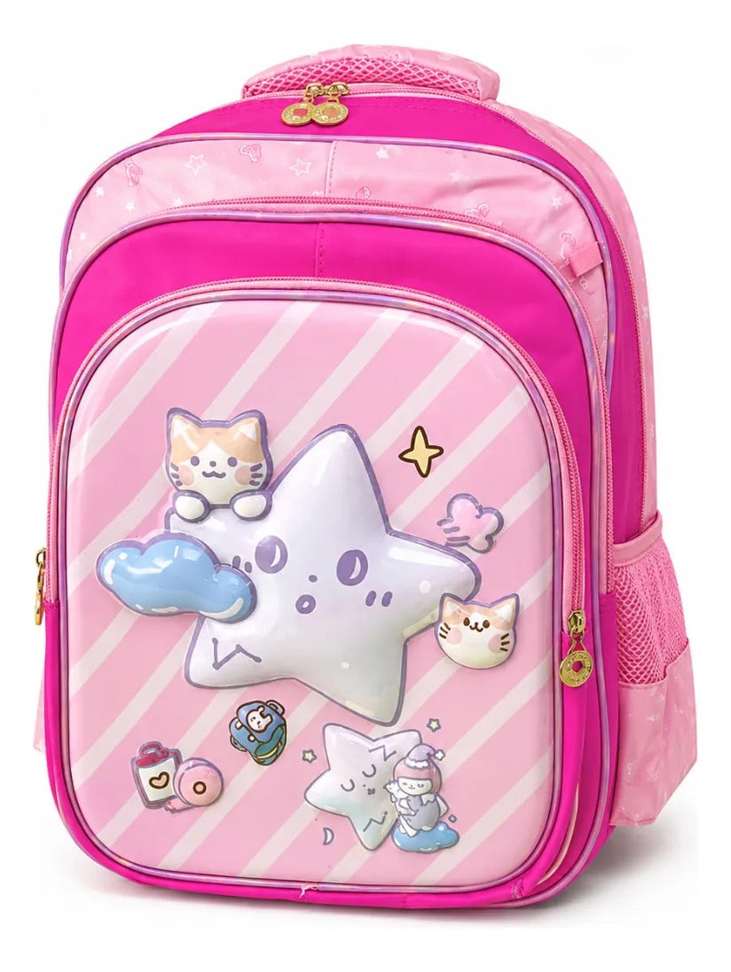 Set Escolar Tres Piezas Mochila Estrella Kawaii Rosa