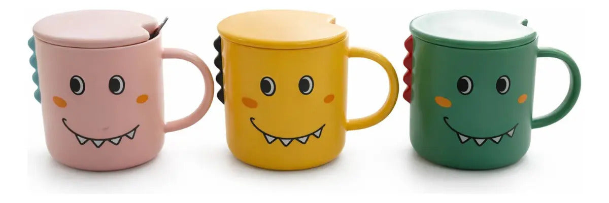 Taza Kawaii Dinosaurio Colores Rosa Verde Y Amarillo 350 Ml