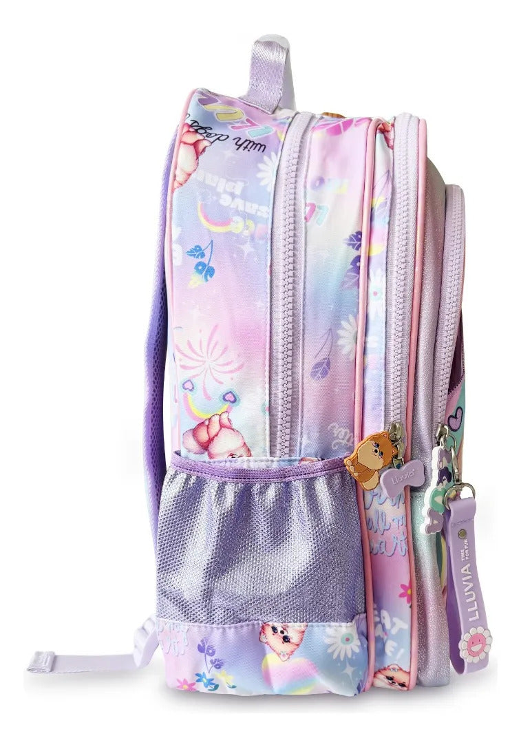 Mochila Escolar Lluvia Rosa Tornasol Perrita Pomerania